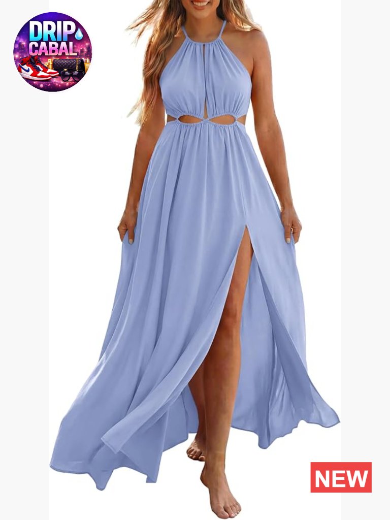 Sleeveless Halter Neck Cutout Backless Maxi Dress Side Split Boho Beach Sundress